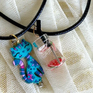 Set of 2 Girl/Kids Blue Kitty Cat & Fruit Drink Pendant Necklaces Goodybag Gifts